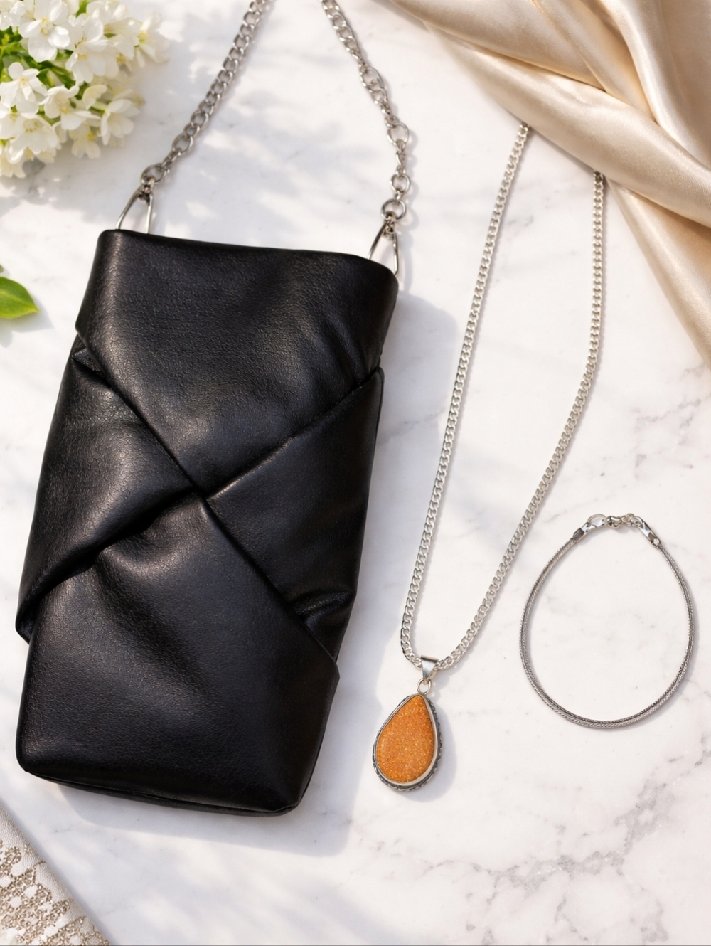 Sterling Necklace, Crossbody Bag, & Snake Chain Bracelet Sterling Silver